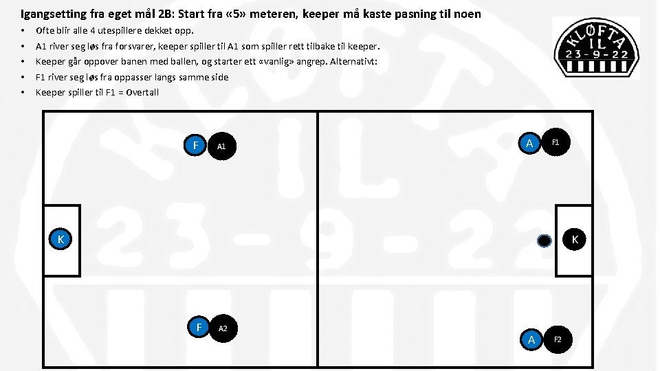 Igangsetting fra eget mål 2 B: Start fra « 5» meteren, keeper må kaste