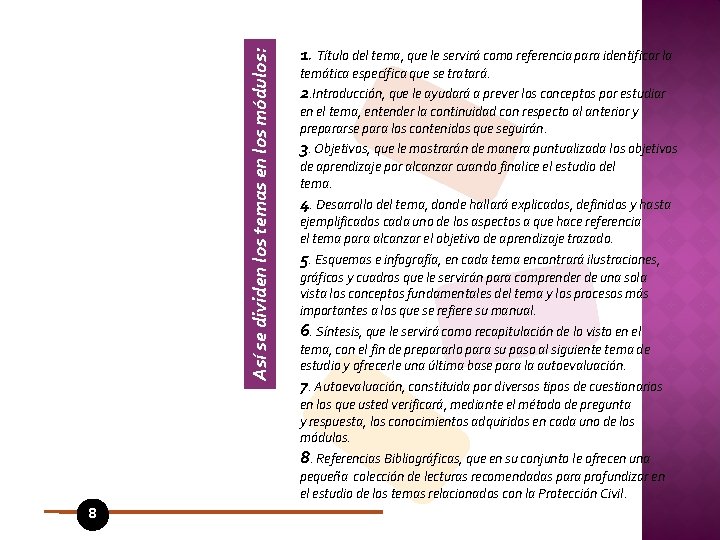Así se dividen los temas en los módulos: 8 1. Título del tema, que