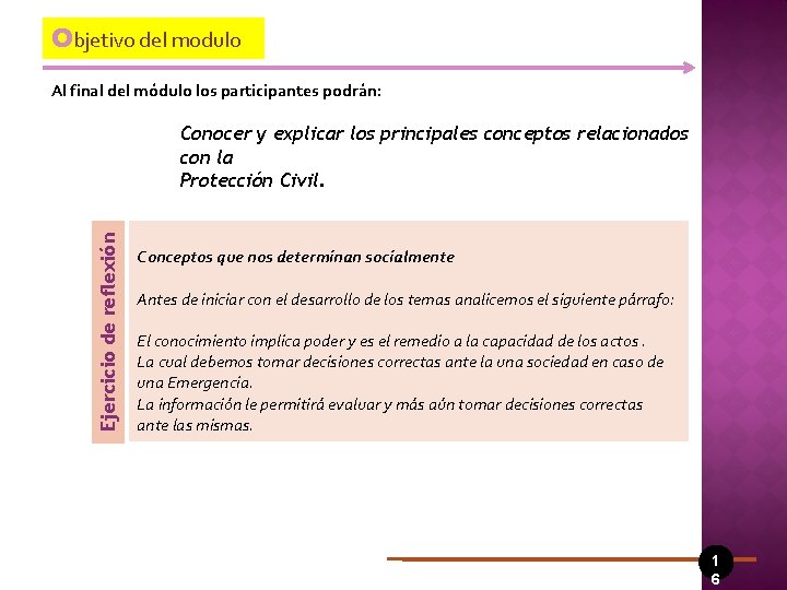 Objetivo del modulo Al final del módulo los participantes podrán: Ejercicio de reflexión Conocer