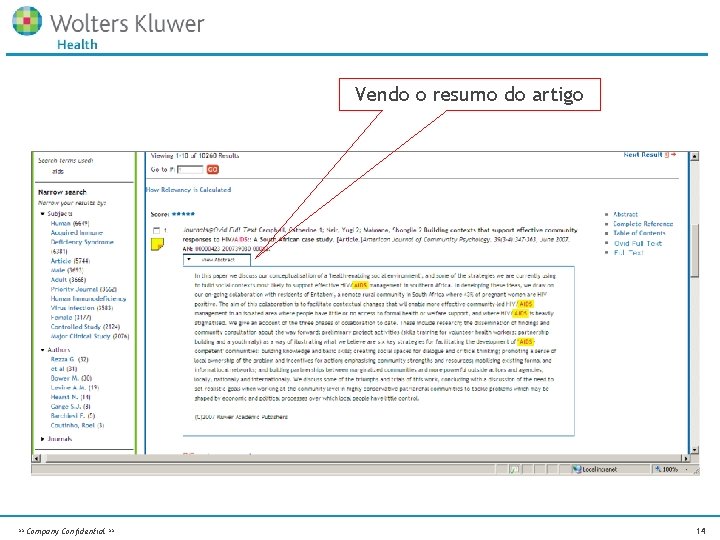 Vendo o resumo do artigo ** Company Confidential ** 14 