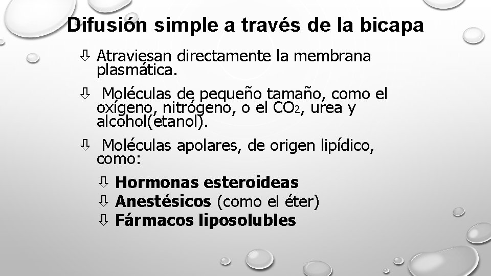 Difusión simple a través de la bicapa Atraviesan directamente la membrana plasmática. Moléculas de