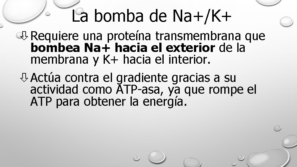 La bomba de Na+/K+ Requiere una proteína transmembrana que bombea Na+ hacia el exterior