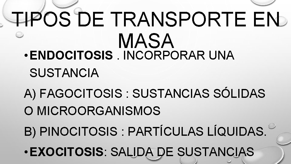 TIPOS DE TRANSPORTE EN MASA • ENDOCITOSIS. INCORPORAR UNA SUSTANCIA A) FAGOCITOSIS : SUSTANCIAS