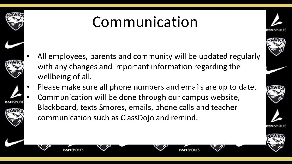 Communication • All employees, parents and community will be updated regularly with any changes