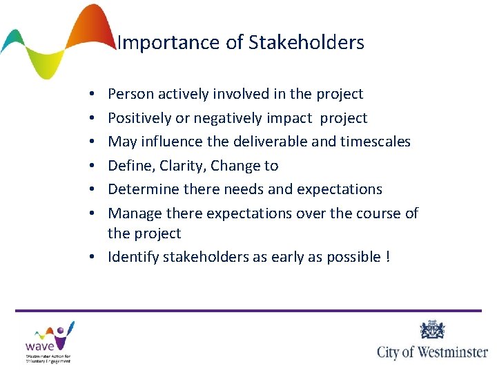 Importance of Stakeholders Person actively involved in the project Positively or negatively impact project
