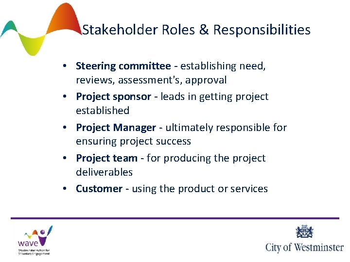 Stakeholder Roles & Responsibilities • Steering committee - establishing need, reviews, assessment's, approval •