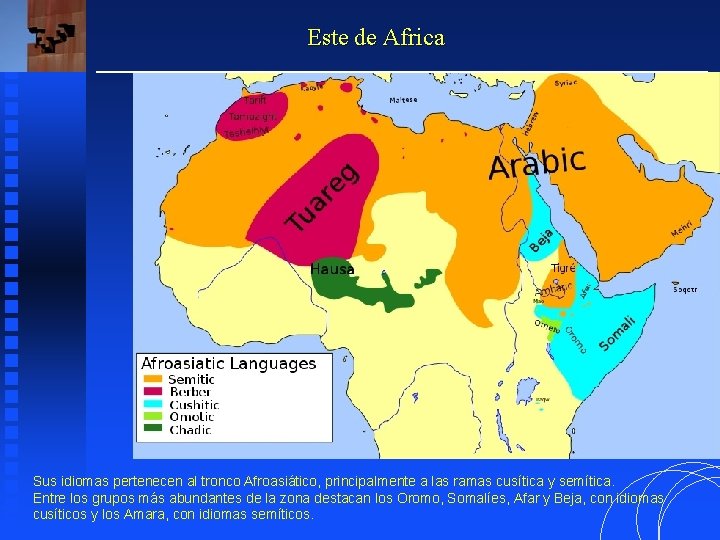 Este de Africa Sus idiomas pertenecen al tronco Afroasiático, principalmente a las ramas cusítica