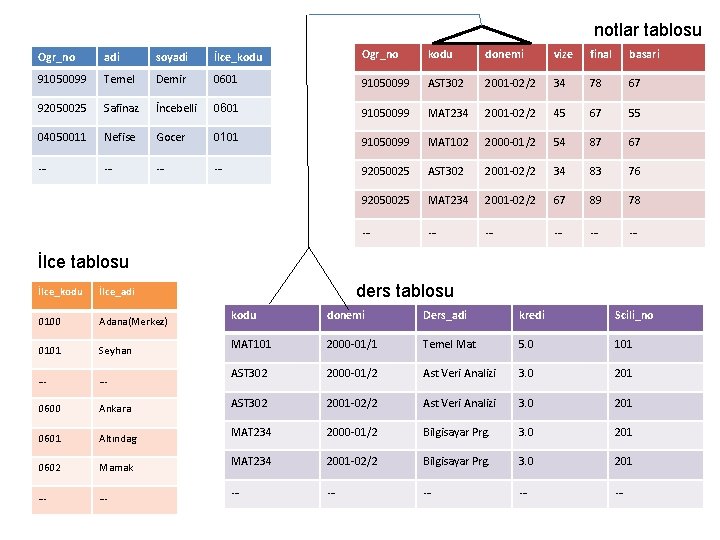 notlar tablosu Ogr_no adi soyadi İlce_kodu Ogr_no kodu donemi vize final basari 91050099 Temel