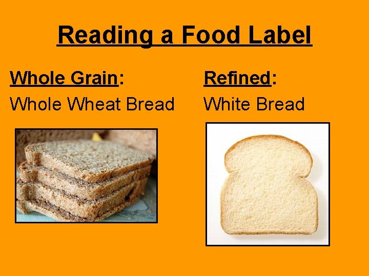Reading a Food Label Whole Grain: Whole Wheat Bread Refined: White Bread 