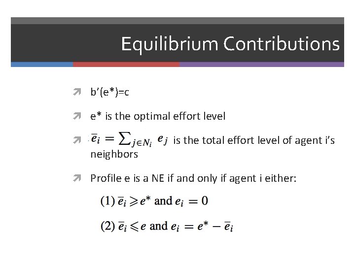 Equilibrium Contributions b’(e*)=c e* is the optimal effort level neighbors is the total effort