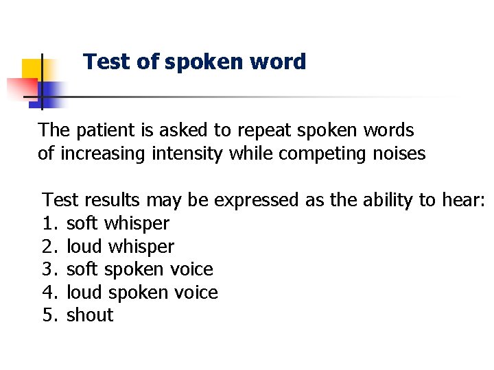 Test of spoken word The patient is asked to repeat spoken words of increasing
