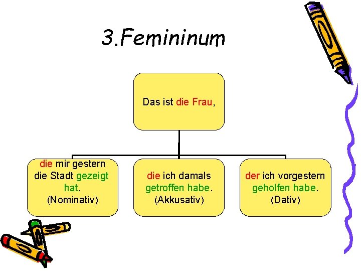 3. Femininum Das ist die Frau, die mir gestern die Stadt gezeigt hat. (Nominativ)