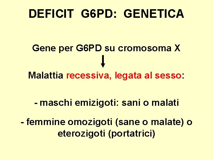 DEFICIT G 6 PD: GENETICA Gene per G 6 PD su cromosoma X Malattia