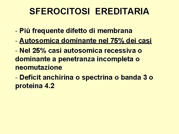 SFEROCITOSI EREDITARIA - Più frequente difetto di membrana - Autosomica dominante nel 75% dei