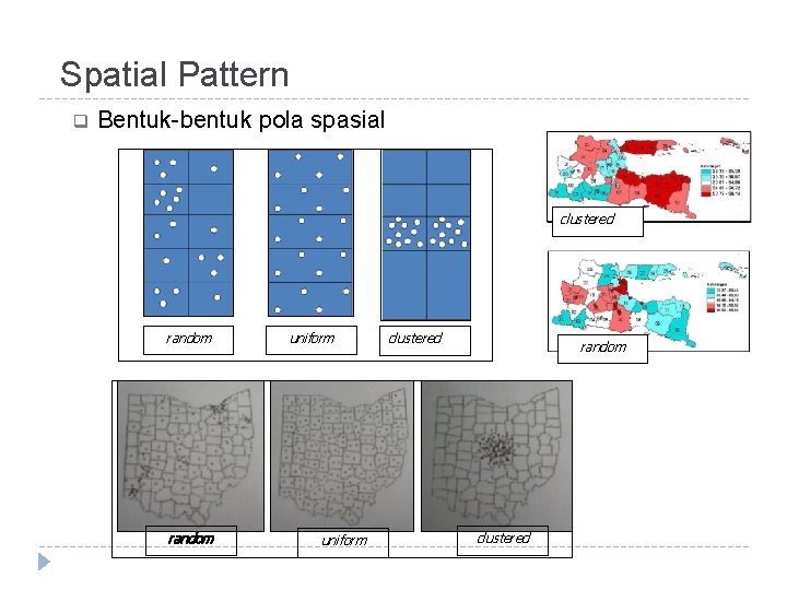 Spatial Pattern q Bentuk-bentuk pola spasial clustered random uniform clustered random clustered 