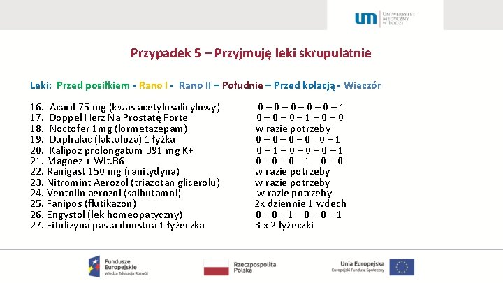 Przypadek 5 – Przyjmuję leki skrupulatnie Leki: Przed posiłkiem - Rano II – Południe