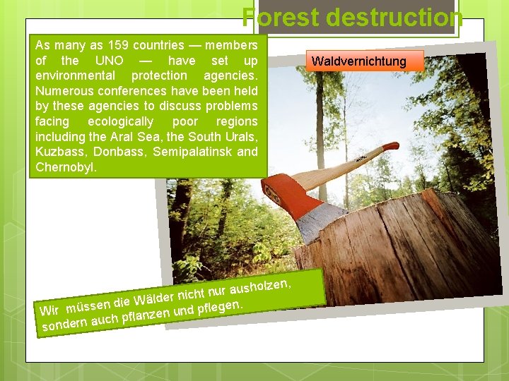 Forest destruction As many as 159 countries — members of the UNO — have