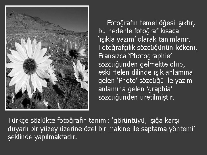 Fotoğrafın temel öğesi ışıktır, bu nedenle fotoğraf kısaca ‘ışıkla yazım’ olarak tanımlanır. Fotoğrafçılık sözcüğünün