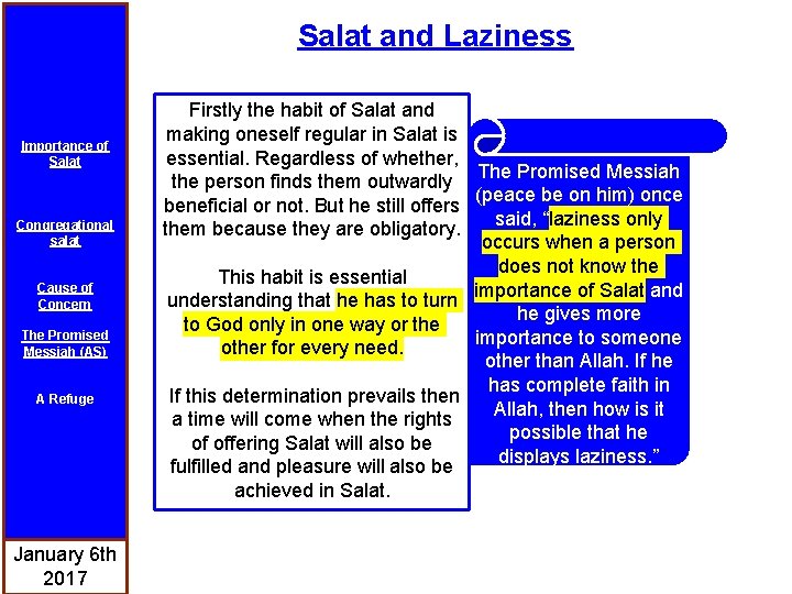 Salat and Laziness Importance of Salat Congregational salat Cause of Concern The Promised Messiah