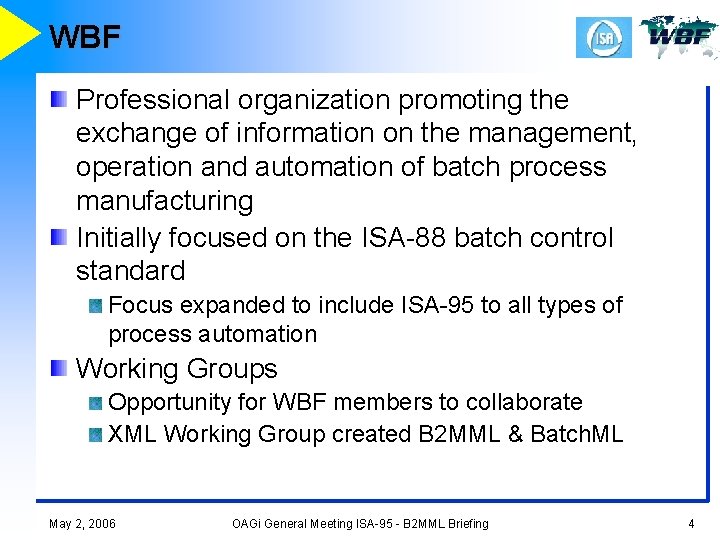 WBF Professional organization promoting the exchange of information on the management, operation and automation