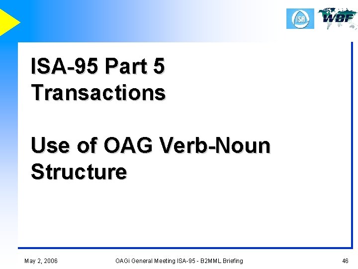 ISA-95 Part 5 Transactions Use of OAG Verb-Noun Structure May 2, 2006 OAGi General