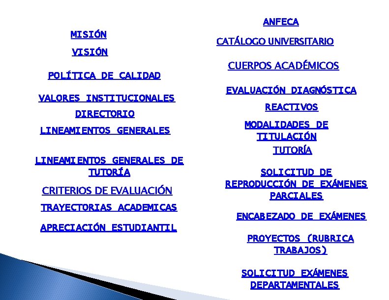 ANFECA MISIÓN VISIÓN POLÍTICA DE CALIDAD VALORES INSTITUCIONALES DIRECTORIO LINEAMIENTOS GENERALES DE TUTORÍA CRITERIOS