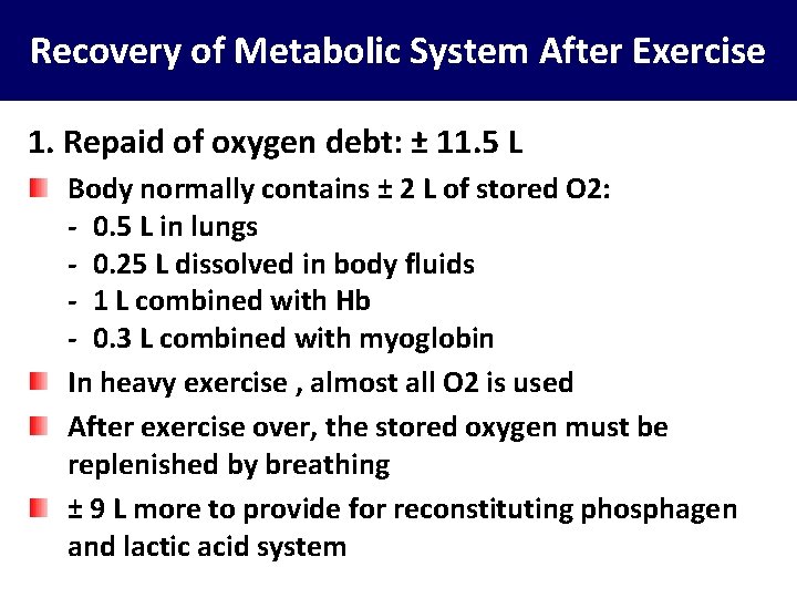 Recovery of Metabolic System After Exercise 1. Repaid of oxygen debt: ± 11. 5