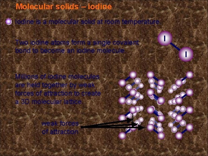 Molecular solids – iodine Iodine is a molecular solid at room temperature. Two iodine