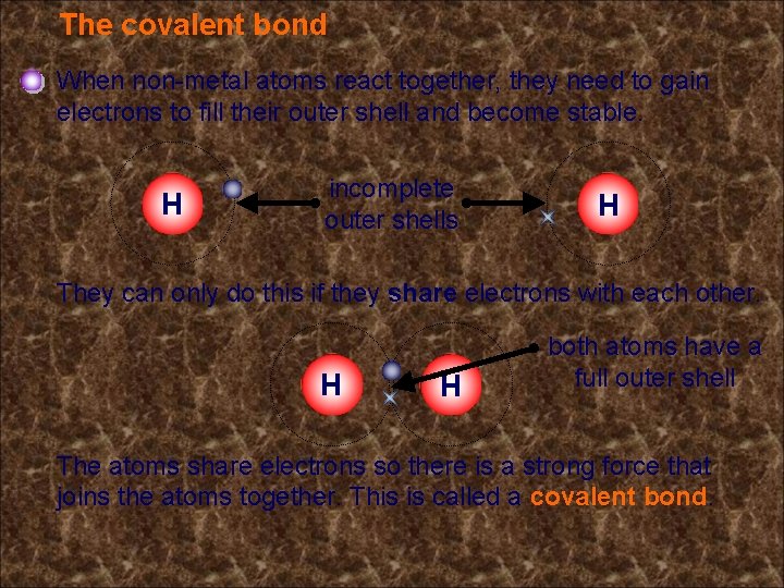 The covalent bond When non-metal atoms react together, they need to gain electrons to