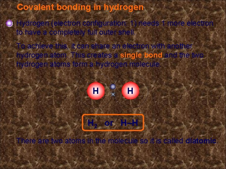 Covalent bonding in hydrogen Hydrogen (electron configuration: 1) needs 1 more electron to have