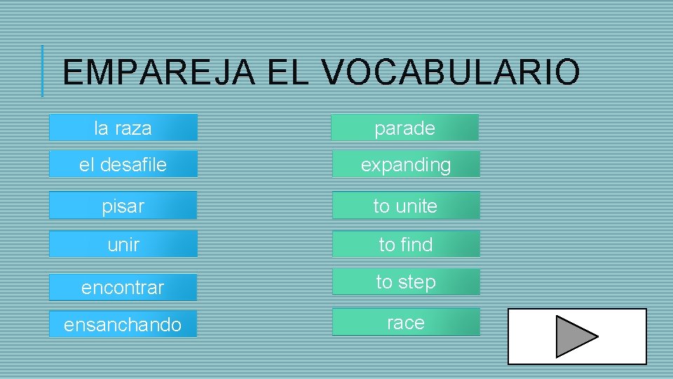 EMPAREJA EL VOCABULARIO la raza parade el desafile expanding pisar to unite unir to