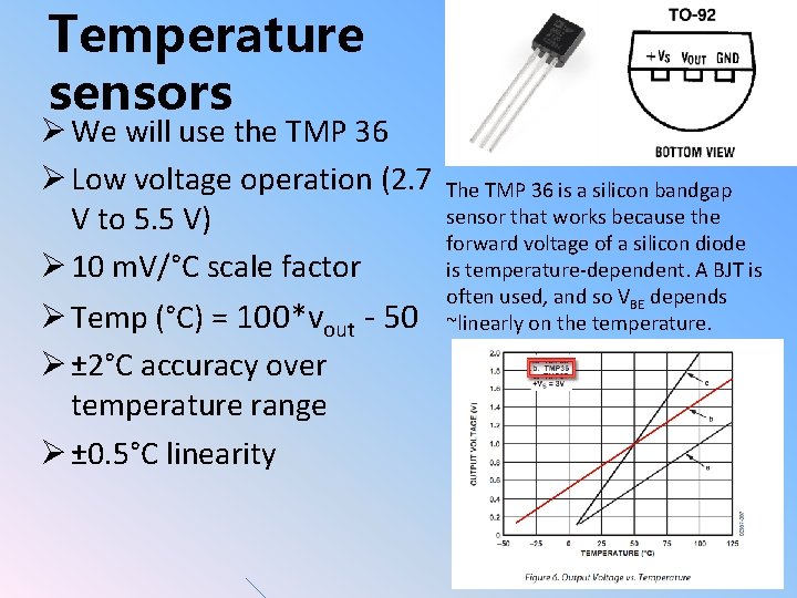 Temperature sensors Ø We will use the TMP 36 Ø Low voltage operation (2.