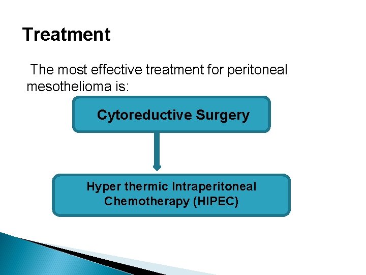 Treatment The most effective treatment for peritoneal mesothelioma is: Cytoreductive Surgery Hyper thermic Intraperitoneal