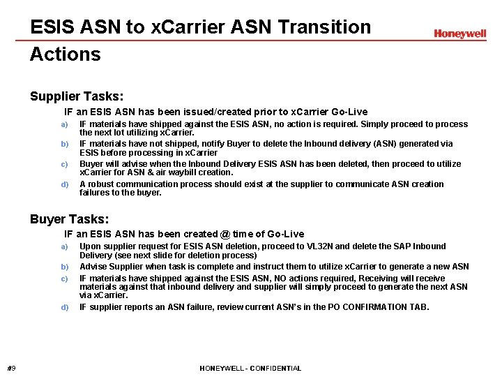ESIS ASN to x. Carrier ASN Transition Actions Supplier Tasks: 1) IF an ESIS