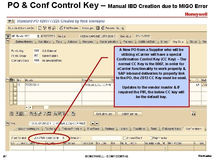 PO & Conf Control Key – Manual IBD Creation due to MIGO Error A