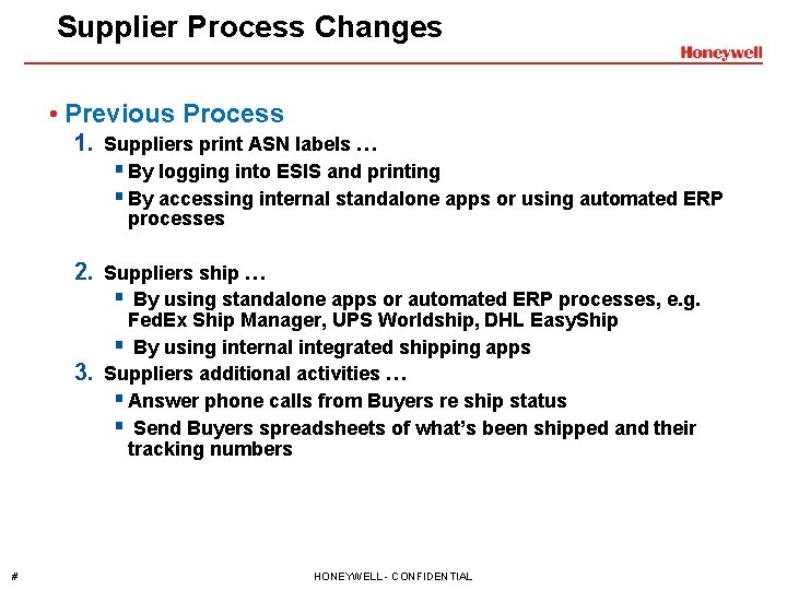 Supplier Process Changes • Previous Process 1. Suppliers print ASN labels … § By