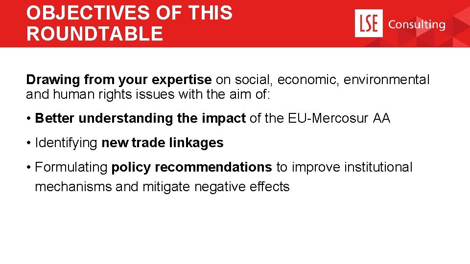 OBJECTIVES OF THIS ROUNDTABLE Drawing from your expertise on social, economic, environmental and human