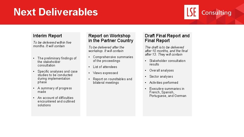 Next Deliverables Interim Report To be delivered within five months. It will contain Report