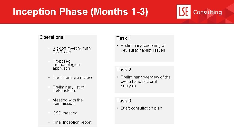 Inception Phase (Months 1 -3) Operational Task 1 • Kick off meeting with DG