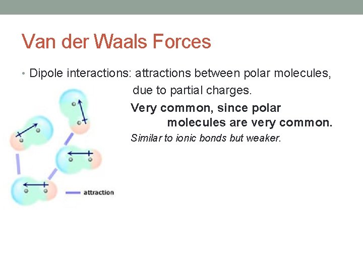 Van der Waals Forces • Dipole interactions: attractions between polar molecules, due to partial