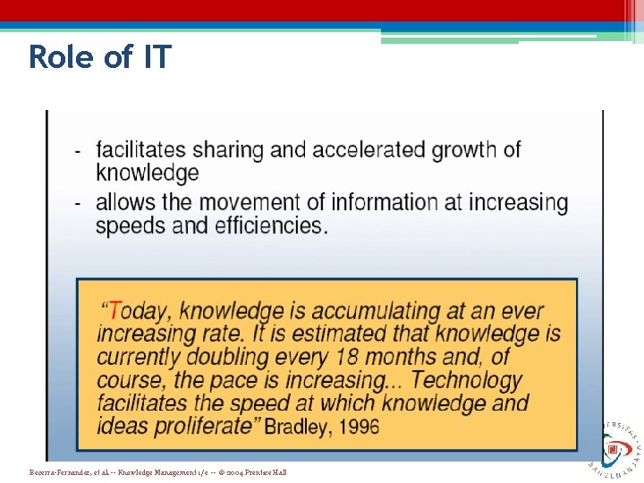 Role of IT Becerra-Fernandez, et al. -- Knowledge Management 1/e -- © 2004 Prentice