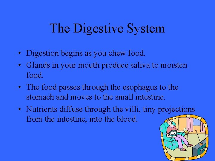 The Digestive System • Digestion begins as you chew food. • Glands in your