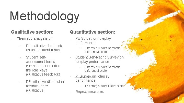 Methodology Qualitative section: Quantitative section: - - Thematic analysis of: - PI qualitative feedback