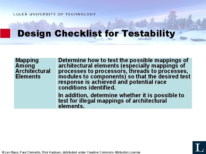 Design Checklist for Testability Mapping Among Architectural Elements Determine how to test the possible