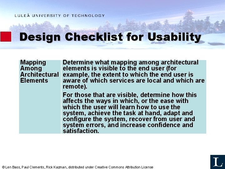 Design Checklist for Usability Mapping Among Architectural Elements Determine what mapping among architectural elements