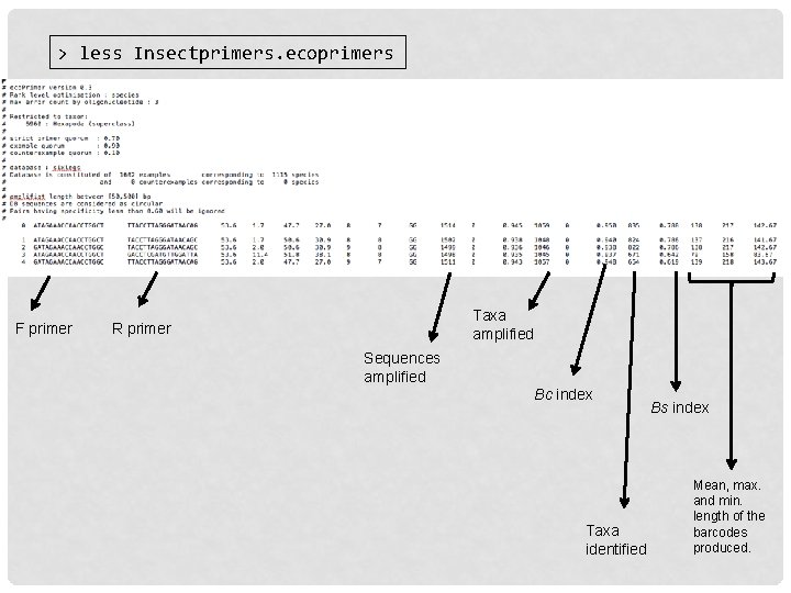 > less Insectprimers. ecoprimers F primer Taxa amplified R primer Sequences amplified Bc index