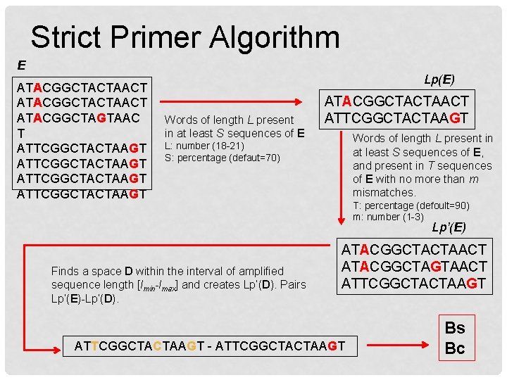 Strict Primer Algorithm E ATACGGCTACTAACT ATACGGCTAGTAAC T ATTCGGCTACTAAGT Lp(E) Words of length L present