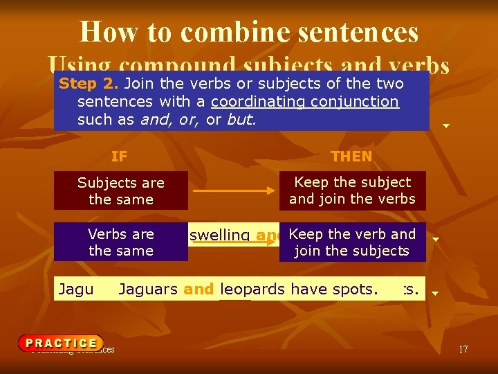 How to combine sentences Using compound subjects and verbs Step 2. Join the verbs