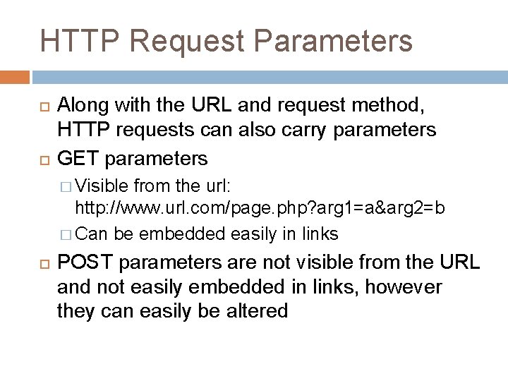 HTTP Request Parameters Along with the URL and request method, HTTP requests can also