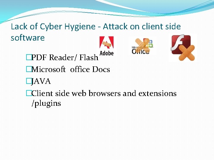 Lack of Cyber Hygiene - Attack on client side software �PDF Reader/ Flash �Microsoft